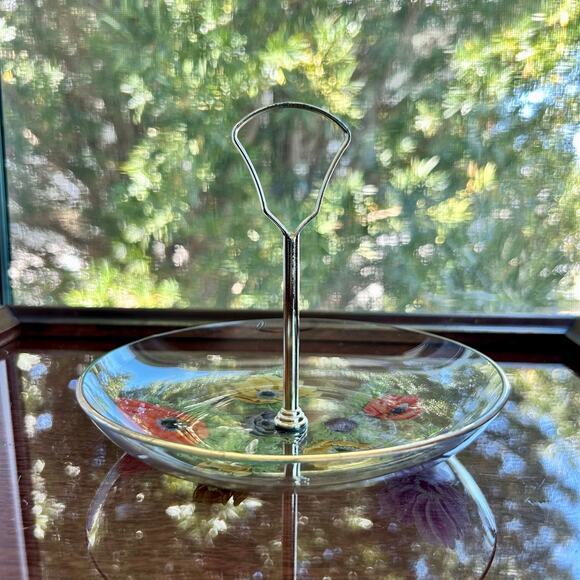 Vintage Chance Glass Anemone Flowers Pattern Small Tidbit Tray / Trinket Dish - Picture 11 of 14